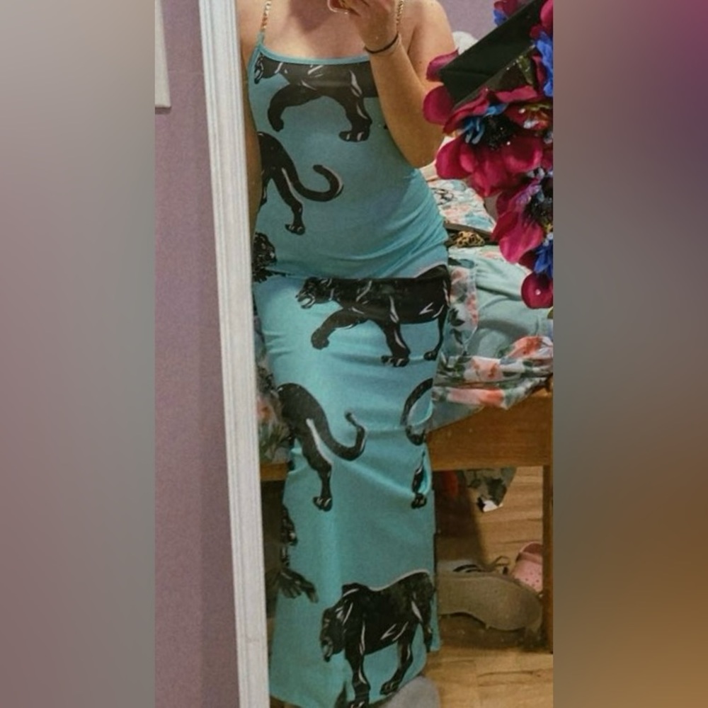 Blue leopard print long bodycon dress, chain straps